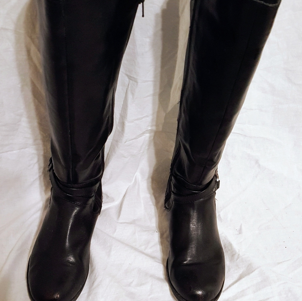 Women's Size 7.5 Faded Glory Black Faux Leather Knee-high Round-toe Riding Boots